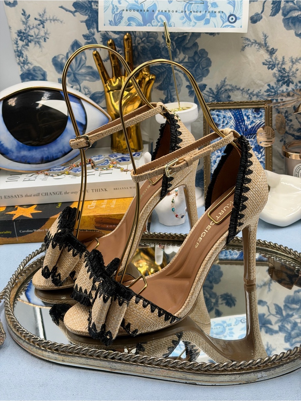 🆕 KG KURT GEIGER 🧿 NWOB Robbie Bow-Embellished Raffia High Heel, Sz 37 US 7 - Picture 7 of 15